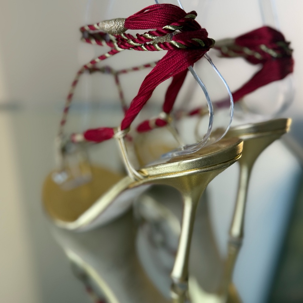 New Vintage Jimmy Choo Gold Jewel Thong Sandals with Burgundy Rope Tie 37 - Picture 11 of 12